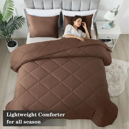 3-Piece Twin Comforter Set,All-Season,Soft & Hypoallergenic &Breathable Bedding,Polyester Quilted,Down Alternative(Comforter*1 & Pillowcases*1),Chocolate
