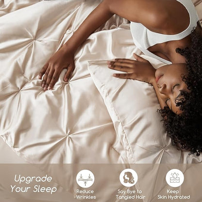 MR&HM Satin Comforter California King 7 Pieces Beige - Luxurious Pinch Pleat Bedding Set with Comforter, Flat Sheet, Fitted Sheet, Pillowcases & Shams, Super Silky Soft Bed Set for All Season