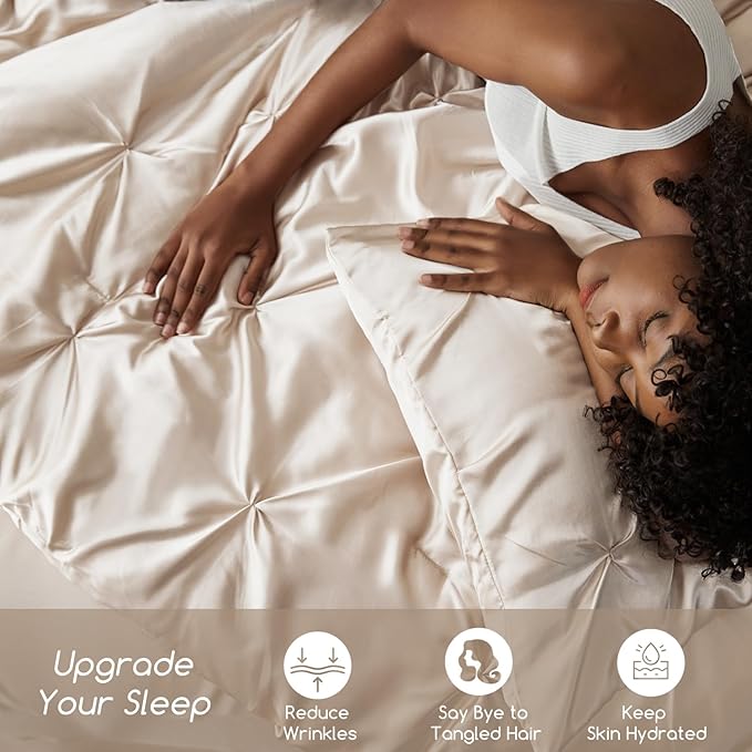MR&HM Satin Comforter Queen 7 Pieces - Luxurious Pinch Pleat Bedding Set with Comforter, Flat Sheet, Fitted Sheet, Pillowcases & Shams, Super Silky Soft Bed Set for All Season (Queen, Beige)