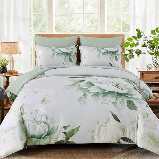 Dobuyly Floral Comforter Set Queen 7 Piece Bed in a Bag, Sage Green Reversible Comforter Set with Sheets, Soft Microfiber Botanical Flowers Summer Bedding Set for All Season