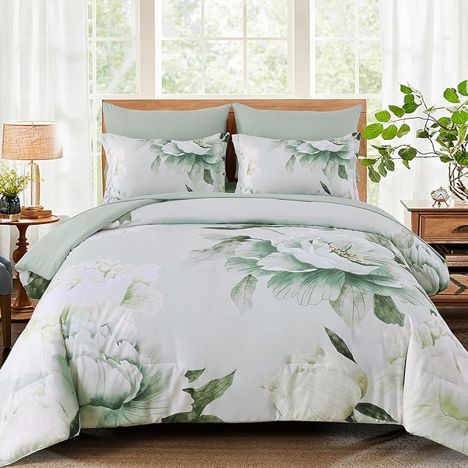 Dobuyly Floral King Size Comforter Set 7 Piece Bed in a Bag, Sage Green Reversible Comforter Set with Sheets, Soft Microfiber Botanical Flowers Summer Bedding Set for All Season