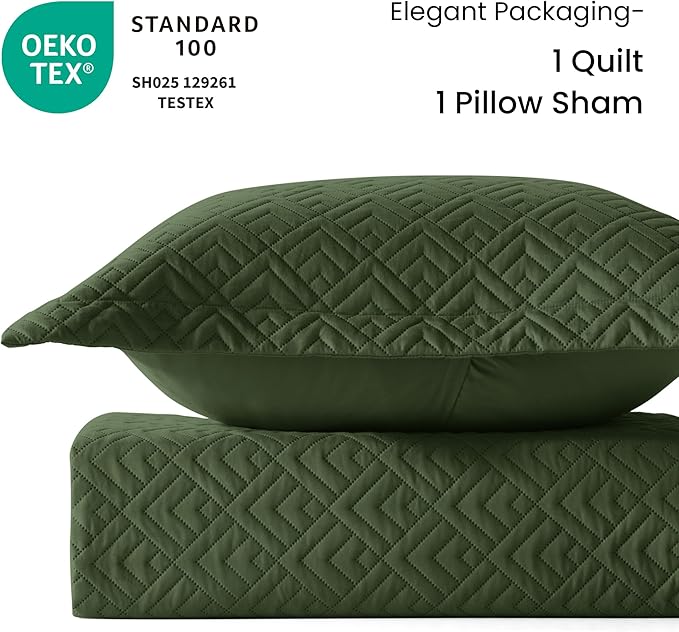 EXQ Home Quilt Set Twin Size Olive Green 2 Piece,Lightweight Soft Coverlet Modern Style Squares Pattern Bedspread Set(1 Quilt,1 Pillow Sham)