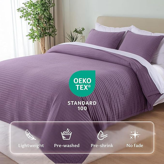 KASENTEX Queen XL Quilt Set 98"x98" – Soft Washed 3-Layer Lightweight Bedspread, Minimalist Nordic Design, All-Season Spring & Summer Quilt Set (1 Quilt + 2 Pillow Shams),Grape Jam Purple