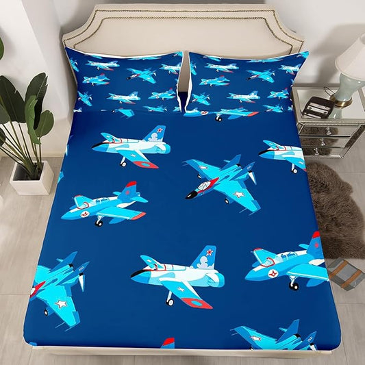 Kids Aircraft Bed Sheets Set Cartoon Transportation Vehicles Fitted Sheet Boys Airplane Bedding Set for Bedroom Decor Navy Blue Sheet (Queen Flat Sheet & Fitted Sheet with 2 Pillow Case)