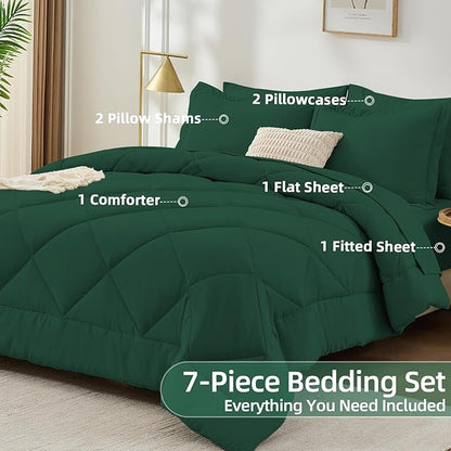 FUANNA 7 Pieces Queen Comforter Set, All Season Bed in a Bag Queen Size, Luxury Soft Bedding Sets with Comforter, Flat Sheet, Fitted Sheet, Pillowcases & Pillow Shams, Emerald Green