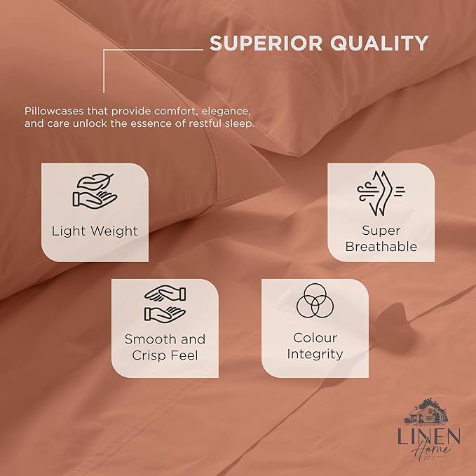Linen Home 100% Cotton Percale Pillowcases King Size, Tera Clay, 2 Pieces of Pillow Case, Crisp and Cool Strong Bed Linen, 20 inches X 40 inches