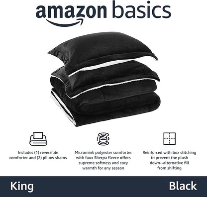 Amazon Basics 3-Piece Micromink Sherpa Down Alternative Comforter Bedding Set, Ultra-Soft, Warm All Season, Machine Washable, King, Black, Solid