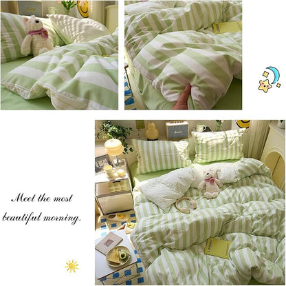 Green Striped Duvet Cover Queen Size Boho Cute Queen Comforter Cover Farmhouse Coquette Vintage Soft Duvet Cover Set with Pillowcases College Bedding for Boys Washed Microfiber Duvet Protector