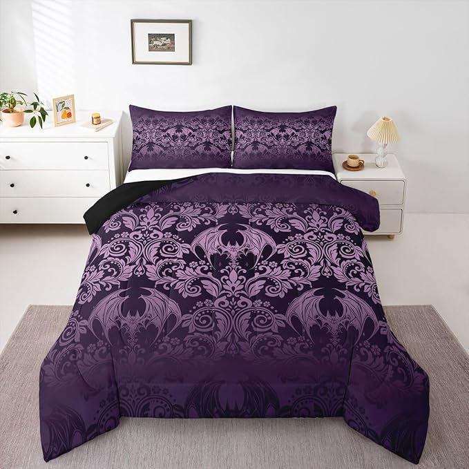 Feelyou Gothic Damask Print Comforter Set Toddler Size Purple Goth Bat Victorian Floral Bedding Set for KidsBoho Bohemian Exotic Duvet Quilt Bedroom Decor Microfiber 2 Pcs with 1 Pillow Cases