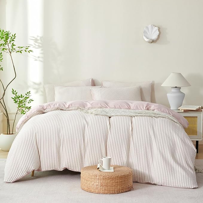 Dusty Pink Comforter Set Queen Size Soft Luxury Washed Microfiber Jacquard 3 Pieces Bedding Set, White Dusty Pink Vertical Ticking Stripes Comforter with 2 Pillowcases Breathable Durable Comfy