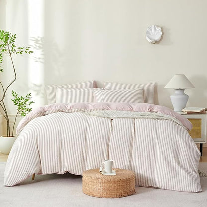 Dusty Pink Comforter Set Queen Size Soft Luxury Washed Microfiber Jacquard 3 Pieces Bedding Set, White Dusty Pink Vertical Ticking Stripes Comforter with 2 Pillowcases Breathable Durable Comfy