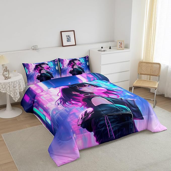 Erosebridal Anime Girl Comforter Set King Size, Kawaii Japanese Anime Quilt for Kids Boys Teens Adult, Cartoon Girl Bedding Set Japan Animation Bedroom Decor, Machine Washable, Lightweight