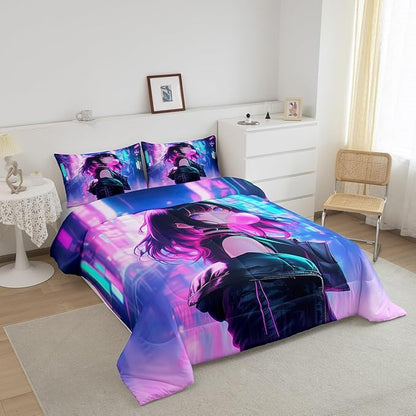 Erosebridal Anime Girl Comforter Set King Size, Kawaii Japanese Anime Quilt for Kids Boys Teens Adult, Cartoon Girl Bedding Set Japan Animation Bedroom Decor, Machine Washable, Lightweight