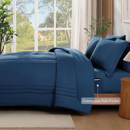 Monbix Queen Comforter Set - 7 Pieces Serenity Blue Bed in a Bag, Queen Size Bedding Sets with Comforters, All Seasons Comforter with Sheets,Pillowcases & Shams
