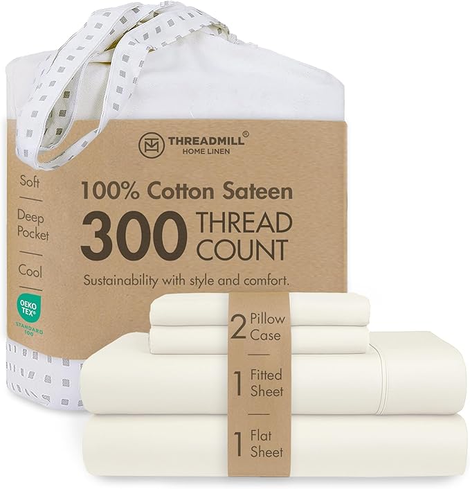 Threadmill Cotton Full Size Sheet Set| 100% Cotton Sheets for Full Size Bed | Solid Sateen Full Bed Sheets Set with 16” Elasticized Deep Pocket | Soft Breathable 4-Piece Cooling Sheet Set | Ivory