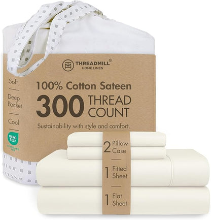 Threadmill 100% Cotton Sheets for King Size Bed | 4 Pc King Bed Sheets Set | Soft, Breathable Lightweight Solid Sateen for All-Season Use | Snug Fit Elastic Deep Pocket King Sheets | Ivory