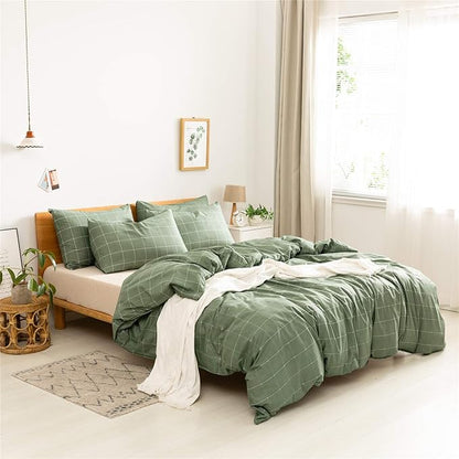 JELLYMONI 100% Natural Cotton 3pcs Plaid Duvet Cover Sets,Green with White Grid Geometric Pattern Printed Comforter Cover,with Zipper Closure & Corner Ties(Queen Size)