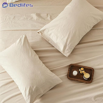 Bedlifes 100% French Pure Linen Sheets Queen Size Breathable and Cooling Flax Sheet Set Soft Durable and Moisture Wicking 16 Inch Deep Pocket-4 Piece(Queen,Linen)