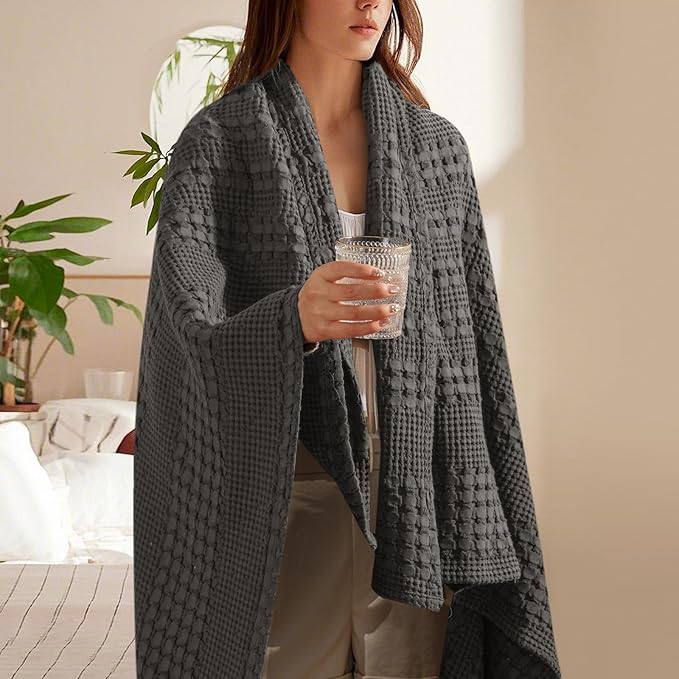 PHF 100% Cotton Waffle Weave Throw Blanket, Soft Lightweight Breathable Cozy Throws for Couch Bed Sofa, Luxury Aesthetic Blanket Gift for Home Decor & Office, 50"x60", Charcoal Grey