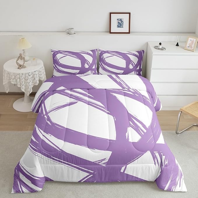 Erosebridal Purple and White Abstarct Toddler Bedding Set,Aesthetic Geometric Comforter Set for Minimalists,Graffiti Stripes Lines Quilt,Contemporary Boho Modern Art Duvet Insert for Minimalism