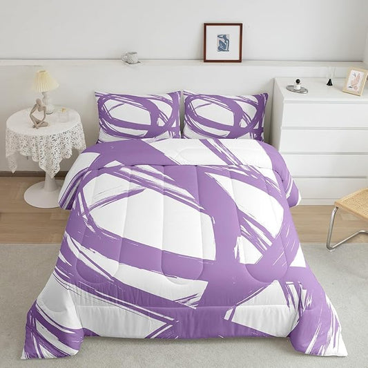 Purple and White Striped Bedding Set Full Size for Adults Youth Teens,Contemporary Boho Modern Art Comforter Set,Graffiti Stripes Lines Quilt,Aesthetic Geometric Duvet Insert for Minimalists