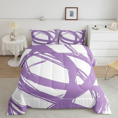 Purple and White Abstarct Comforter Set Twin Size for Kids Boys Girs,Graffiti Stripes Lines Bedding Set,Aesthetic Geometric Duvet Insert for Minimalists,Contemporary Boho Modern Art Quilt
