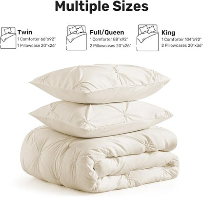 UNIKOME King Size Comforter Set Beige - Ultra Soft Boho Pintuck Cream Down Alternative Bedding Set for All Seasons, 3 Pieces Lightweight Warm Pinch Pleat Bed Set with Comforter, 2 Pillowcases