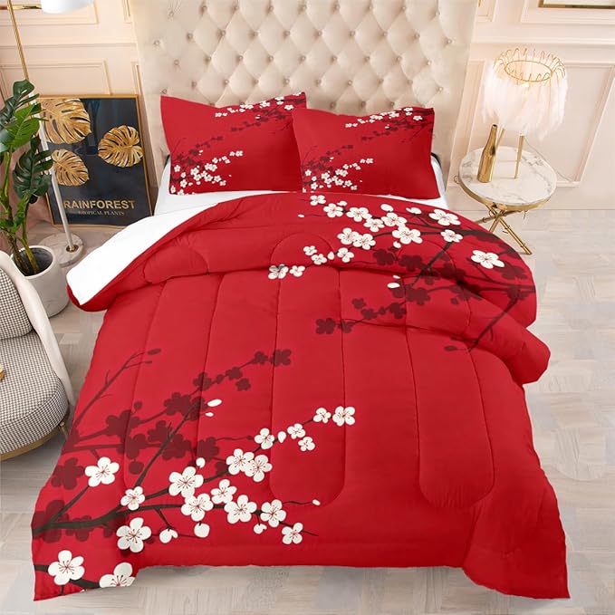 Red Oriental Comforter Set King Size Japanese Style Cherry Blossom Bedding Set for Girls Kids Teens 3 Pieces Asian Vintage Floral Bedding Soft Lightweight Comforter with 2 Pillowcases