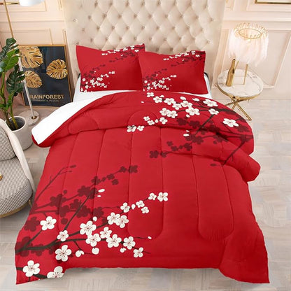 Red Oriental Comforter Set King Size Japanese Style Cherry Blossom Bedding Set for Girls Kids Teens 3 Pieces Asian Vintage Floral Bedding Soft Lightweight Comforter with 2 Pillowcases