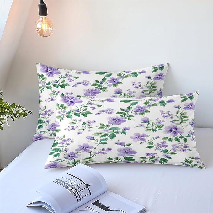 Purple White 3Pcs Vintage Botanical Floral Comforter Set Queen Size, Cottage Flowers Bedding Sets for Girls Adults, Includes 1 Comforter 90"x90" and 2 Pillowcases