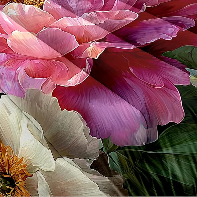 5Pcs Full Size Retro Colorful Flower Comforter Set, Peony Bedding Set for Girls Women Room Decor, 1 Comforter, 2 Pillowcases, 1 Fitted Sheet, 1 Flat Sheet