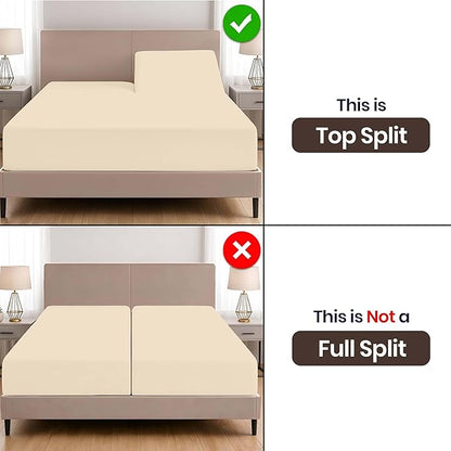 SGI bedding Adjustable Split Head Flex Top King 34" Microfiber Sheet Set – Ultra Soft, Cooling & Deep Pocket 15” Fitted, 4-Piece Breathable & Durable Bedding Set for Split King Beds -Beige