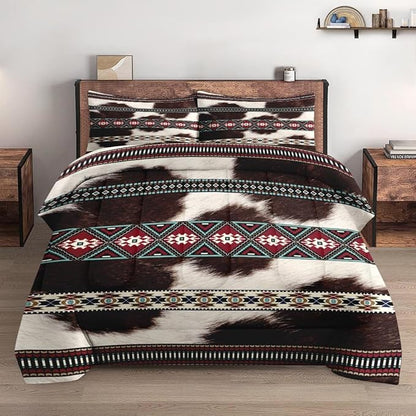 Full Size Comforter Set with 2 Pillowcases, Western Retro Cow Cowhide Print 3 Pcs Bedding for Kids and Adults, Vintage Fur Animal Soft Comforter Set for Bedroom Bed Decor