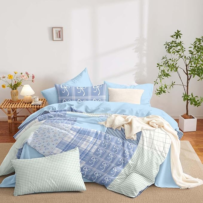 Nayoroom Plaid Duvet Cover Queen Size Reversible Blue Patchwork Checkered Duvet Cover Dorm Bedding Set 3 Pieces Soft Lightweight Washed Microfiber Farmhouse Bedding Set Gifts for Women Men