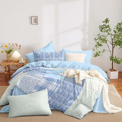 Nayoroom Plaid Duvet Cover Queen Size Reversible Blue Patchwork Checkered Duvet Cover Dorm Bedding Set 3 Pieces Soft Lightweight Washed Microfiber Farmhouse Bedding Set Gifts for Women Men