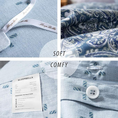 SLEEPBELLA Duvet Cover King, 600 Thread Count Cotton Blue & Green Paisley Floral Pattern Reversible Comforter Cover