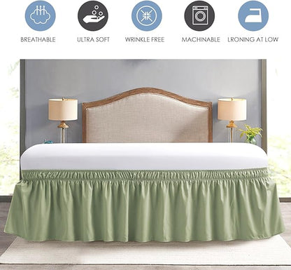FreshCulture Elastic Wrap Around Bed Skirt - Easy Fit with 22-Inch Tailored Drop, Hotel Quality Dust Ruffle for Full Size Bed (Sage Green)