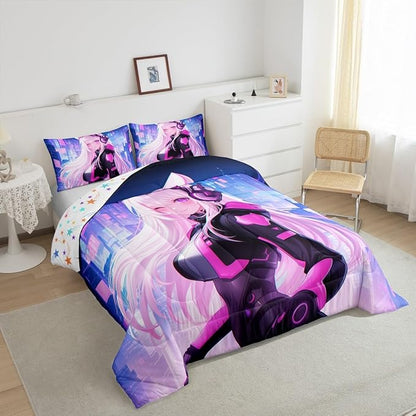Erosebridal Toddler Anime Girl Comforter Set 2 Piece, Kawaii Japanese Anime Bedding Set Cartoon Girl Bedding Comforter Sets Sci Fi Style Japanese Animation Quilt for Kids Girls Teens Adult Room