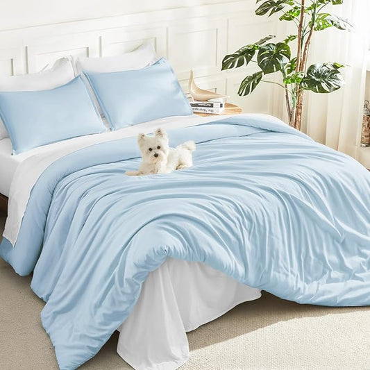 Litanika Comforters Light Blue King Size, 3 Pieces Lightweight Solid Bedding Comforter Set, All Season Fluffy Bed Set (104x90In Comforter & 2 Pillowcases)
