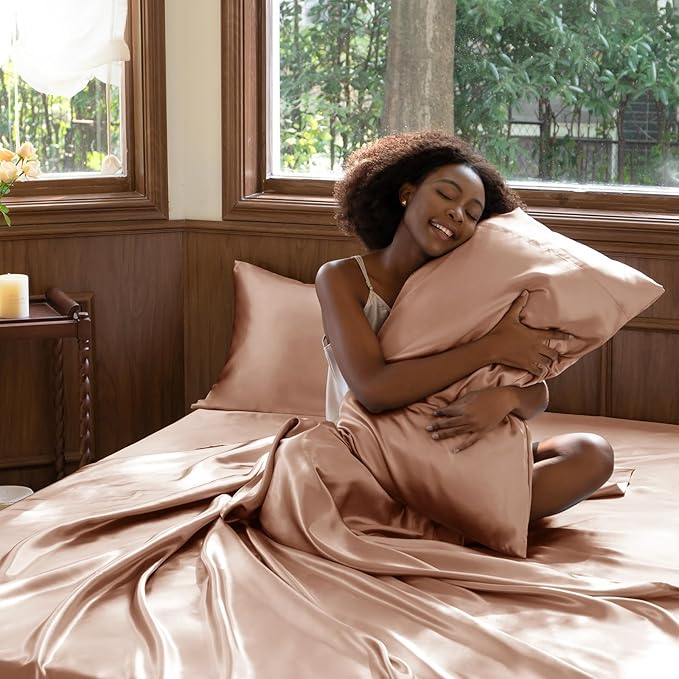 CozyLux Satin Sheets King Size Sheet Set - 4 Piece Silky King Sheets, Luxury Salmon Pink King Bed Set with Smooth and Soft Microfiber, Includes 1 Fitted Sheet, 1 Flat Sheet and 2 Pillowcases