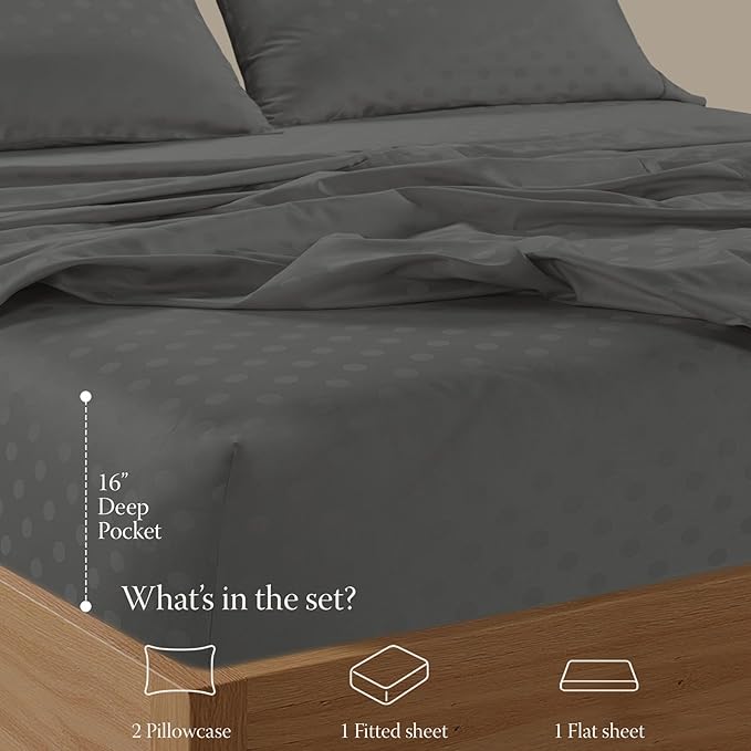 Threadmill Cotton Queen Sheet Set | 100% Cotton Sheets for Queen Size Bed | Damask Jacquard Queen Bed Sheets Set with 16” Deep Pocket | Soft Sateen Weave 4-Piece Cooling Bedding Set | Dark Grey