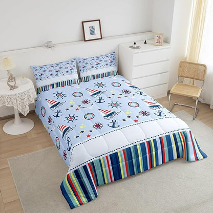 Nautical Anchor Comforter Set King,Ocean Fish Seagull Blue Bedding Set for Boys Girls Teens Bedroom Decor,Outdoor Adventure Red Blue Stripes Quilt Set Super Soft Duvet Set,Gift for Her Him