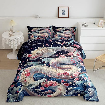 Dragon Bedding Set Queen Size,Pink Cherry Blossom Japanese Ukiyoe Comforter Set,Kids Girls Boys Teens Bedroom Decor,Ocean Sea Wave Quilt Set Western Wildlife White Dragon Duvet Insert,2 Pillowcases