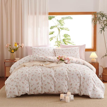 Floral Comforter Set King Size - 3 Pieces Pink White Floral Comforter Bedding Sets Reversible Pattern,King Bed in a Bag with Flowers Comforter and 2 Pillowcases