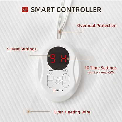 Bwarm Waterproof Heated Mattress Pad, Mini Twin Electric Mattress pad ETL Certified Bed Warmer with Memory Function 9 Heat Settings, 1-12 Hours Auto Off Deep Pocket, Machine Washable, White 31" x 55"