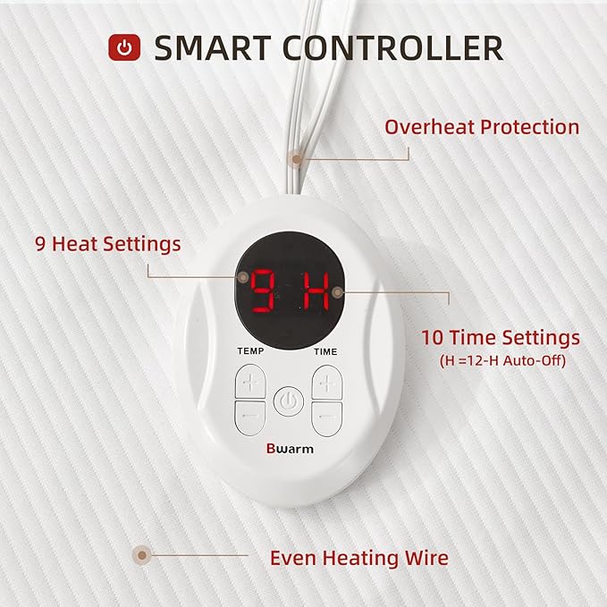 Bwarm Waterproof Heated Mattress Pad, ETL Certified Bed Warmer with 9 Heat Settings, 1-12 Hours Auto Off Deep Pocket, Machine Washable, White Foot King 78" W x 24" L
