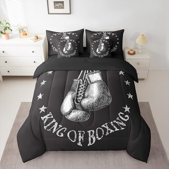 Castle Fairy Boxing Gloves King Size Bedding Sets with Sheets,Comforter,Pillowcases,Pillow Covers Gray Stars Decor Boxing Theme Comforter Set for Kids Teens Adults Bedroom Dorm Bed Set 7 Pcs