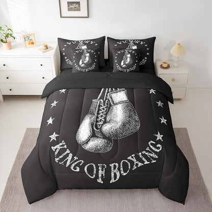 Castle Fairy Boxing Gloves King Size Bedding Sets with Sheets,Comforter,Pillowcases,Pillow Covers Gray Stars Decor Boxing Theme Comforter Set for Kids Teens Adults Bedroom Dorm Bed Set 7 Pcs
