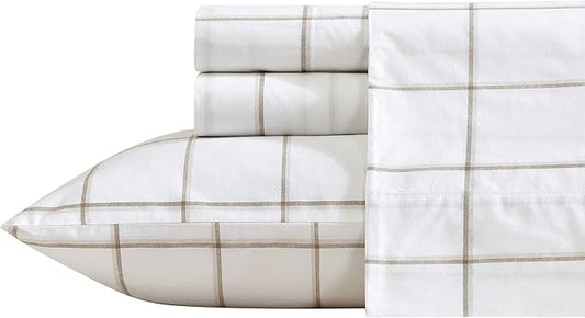 Nautica - Queen Bed Sheets, Lightweight Cotton Percale Bedding Set with Matching Pillowcases, Crisp & Cool, Oeko-Tex Certified (Plot Beige)