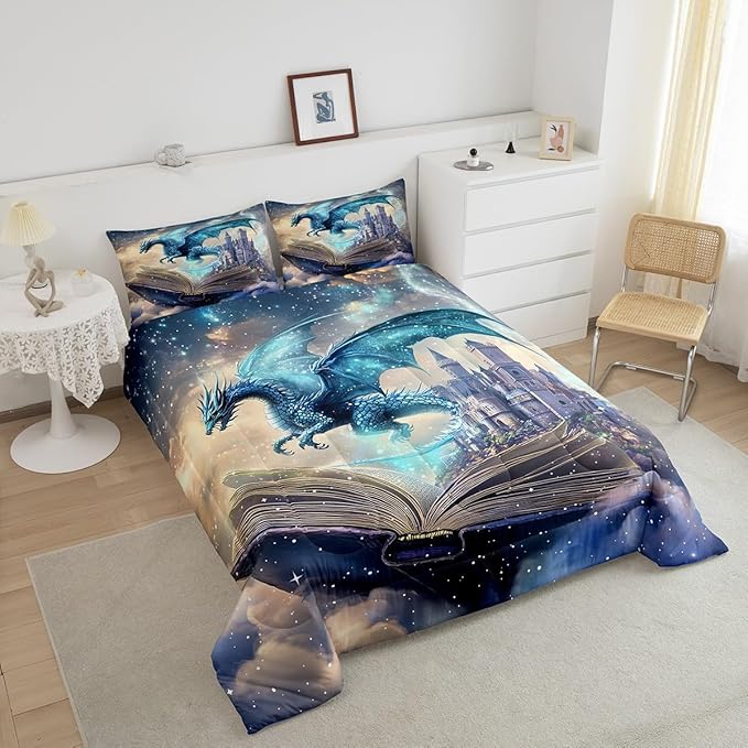 3D Dragon Bedding Set Twin Size Funny Fantasy Book Pattern Comforter Set for Kids Teens Room Decor Mid-Century Castle Duvet Insert Western Wild Animal Down Comforter Set,2Pcs